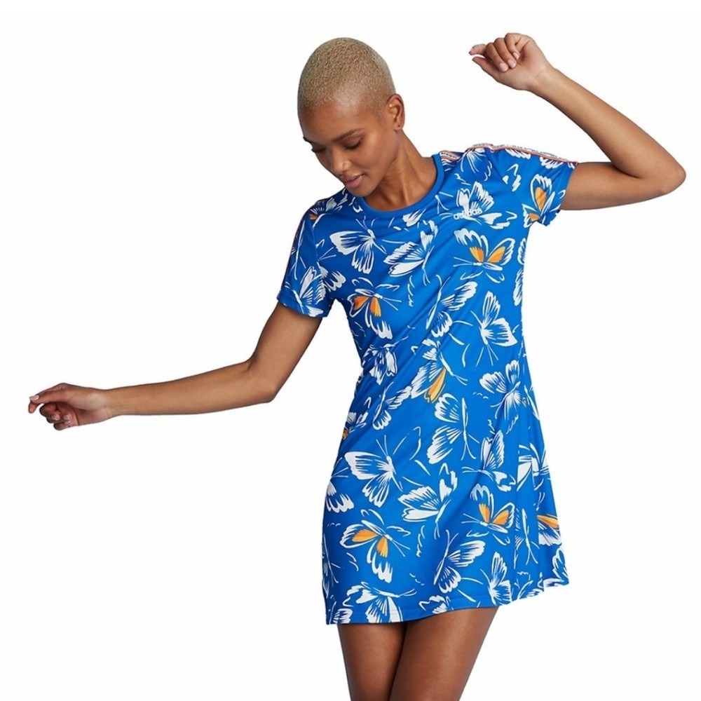 adidas x FARM RIO Butterfly Print T-Shirt Dress Women Medium Blue Mini Active